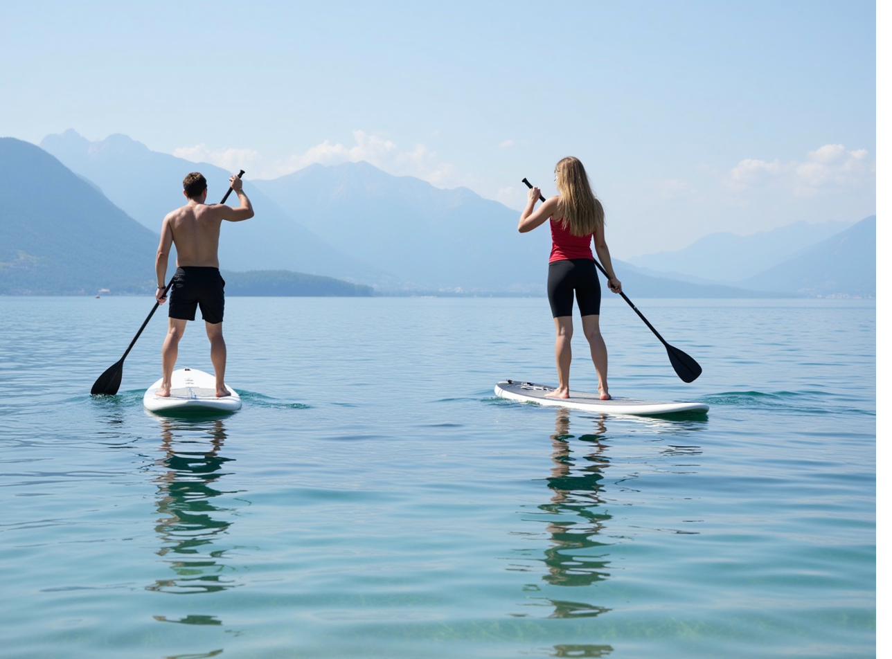 SUP Paddeln bei Sonnenuntergang auf einem Schweizer See