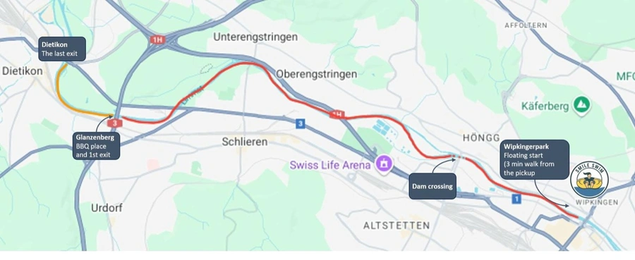 Smile Swim Limmat float route map - Wipkingerpark Höngg dam Glanzenberg Dietikon Zurich