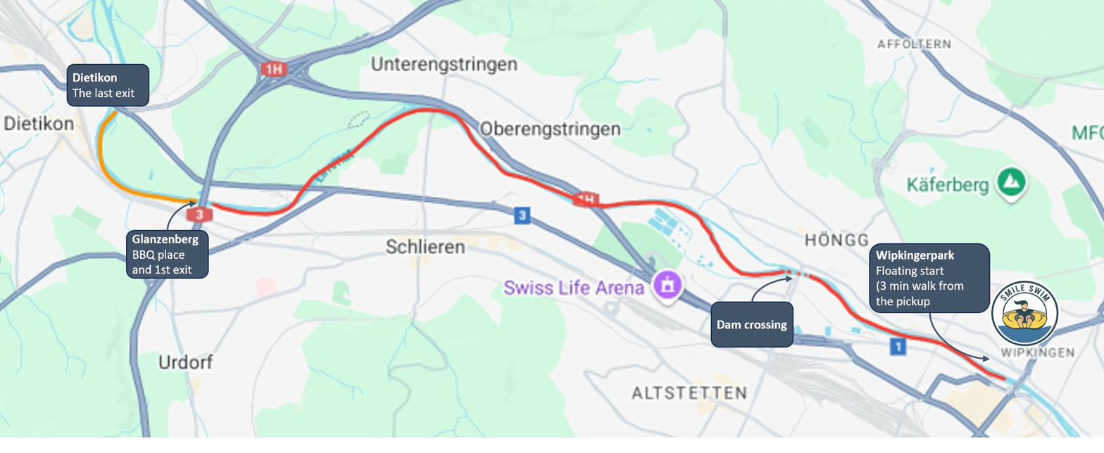 Smile Swim Limmat float route map - Wipkingerpark Höngg dam Glanzenberg Dietikon Zurich